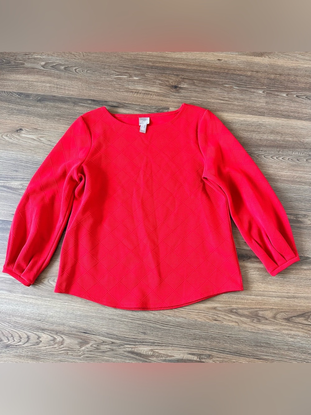 Chicos Diamond Textured Print Long Sleeve Blouse Red Size 2 Large Shirt Holiday